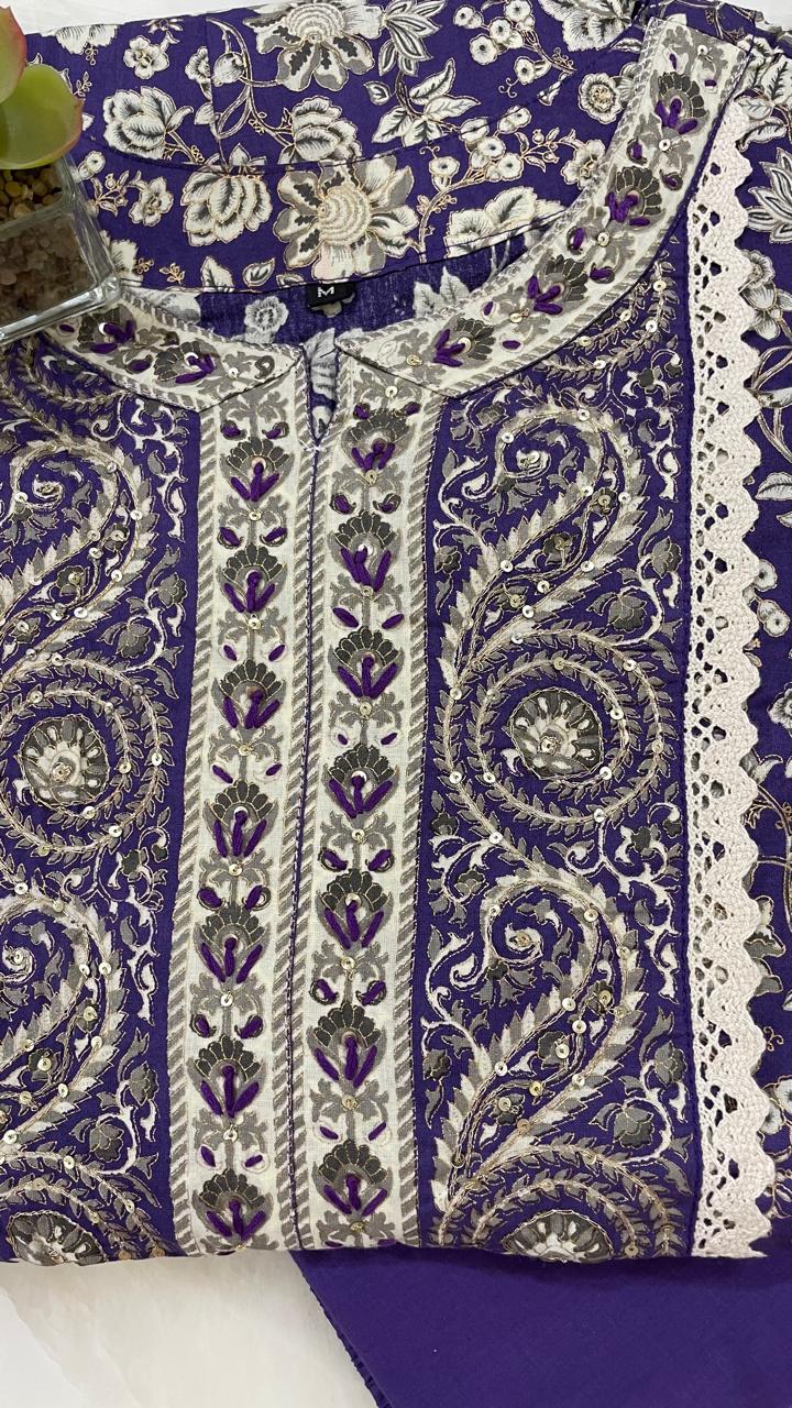 Gorgeous cotton Anarkali suit set with zari and lace detailing in