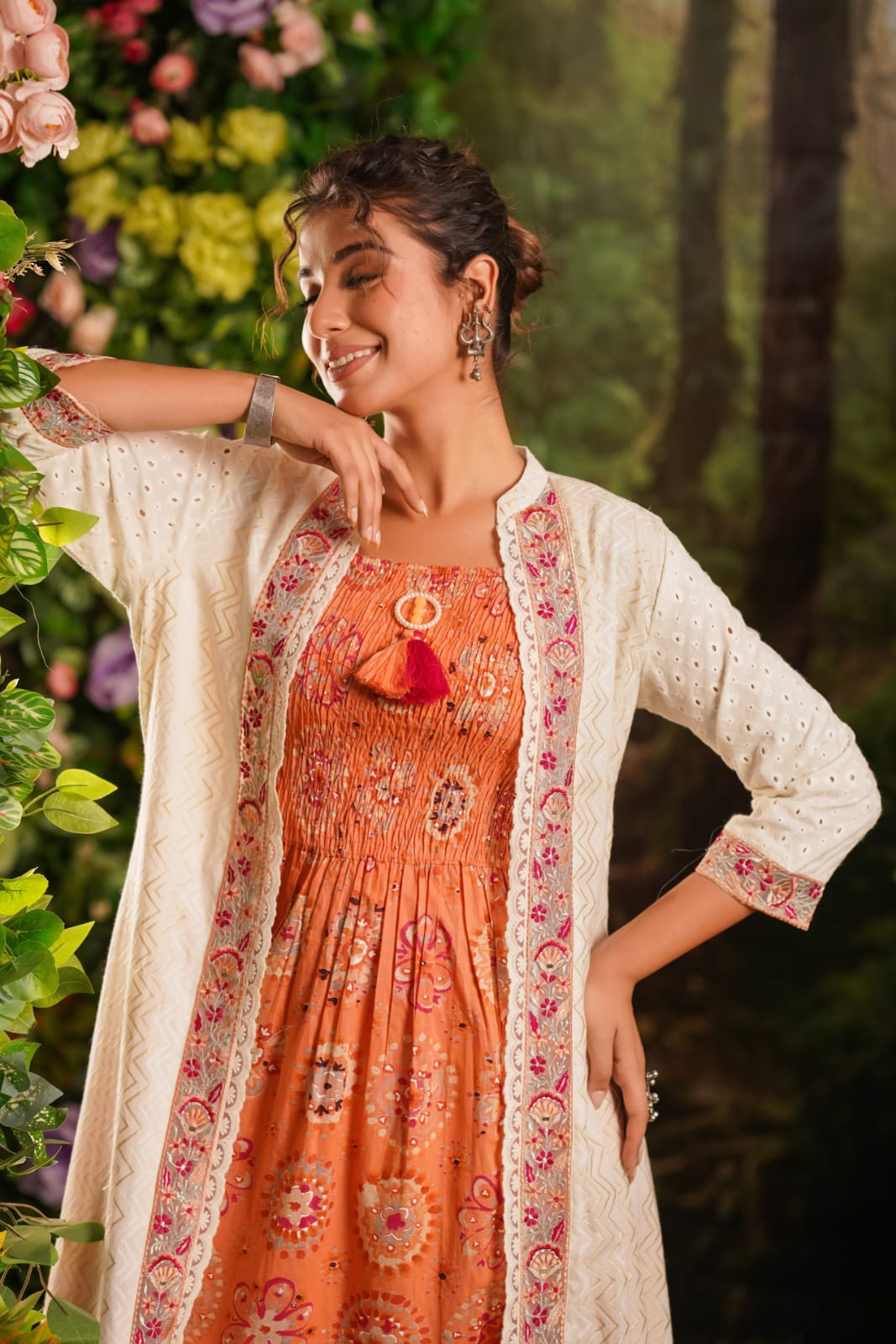 Premium rayon smocking effect dress paired with shifli jacket