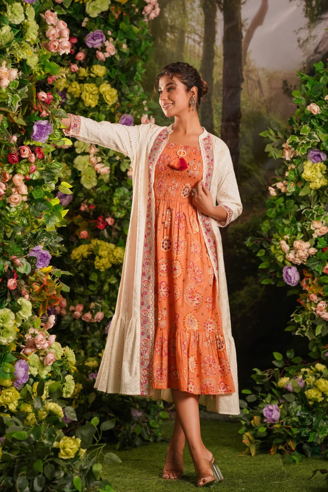 Premium rayon smocking effect dress paired with shifli jacket