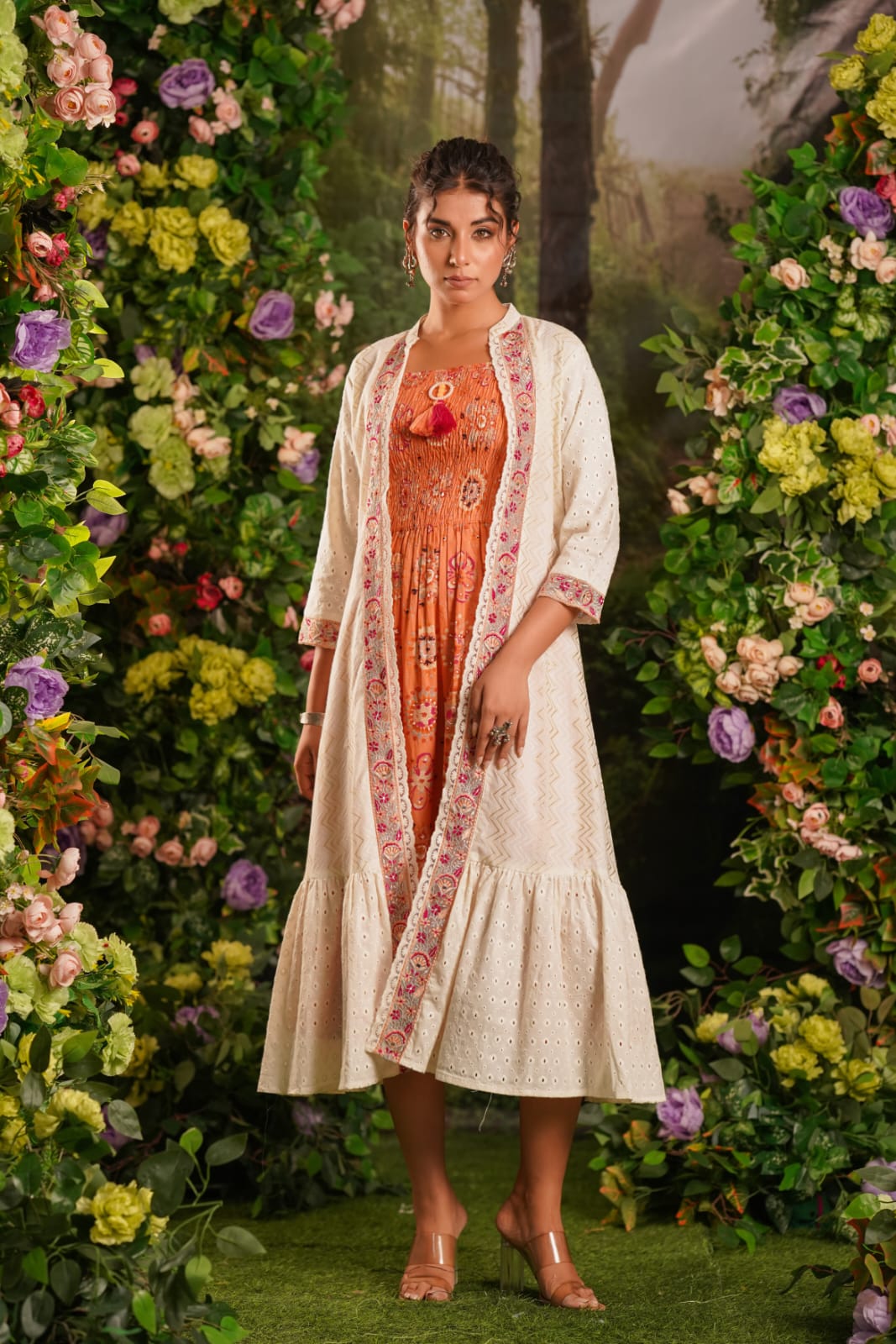 Premium rayon smocking effect dress paired with shifli jacket