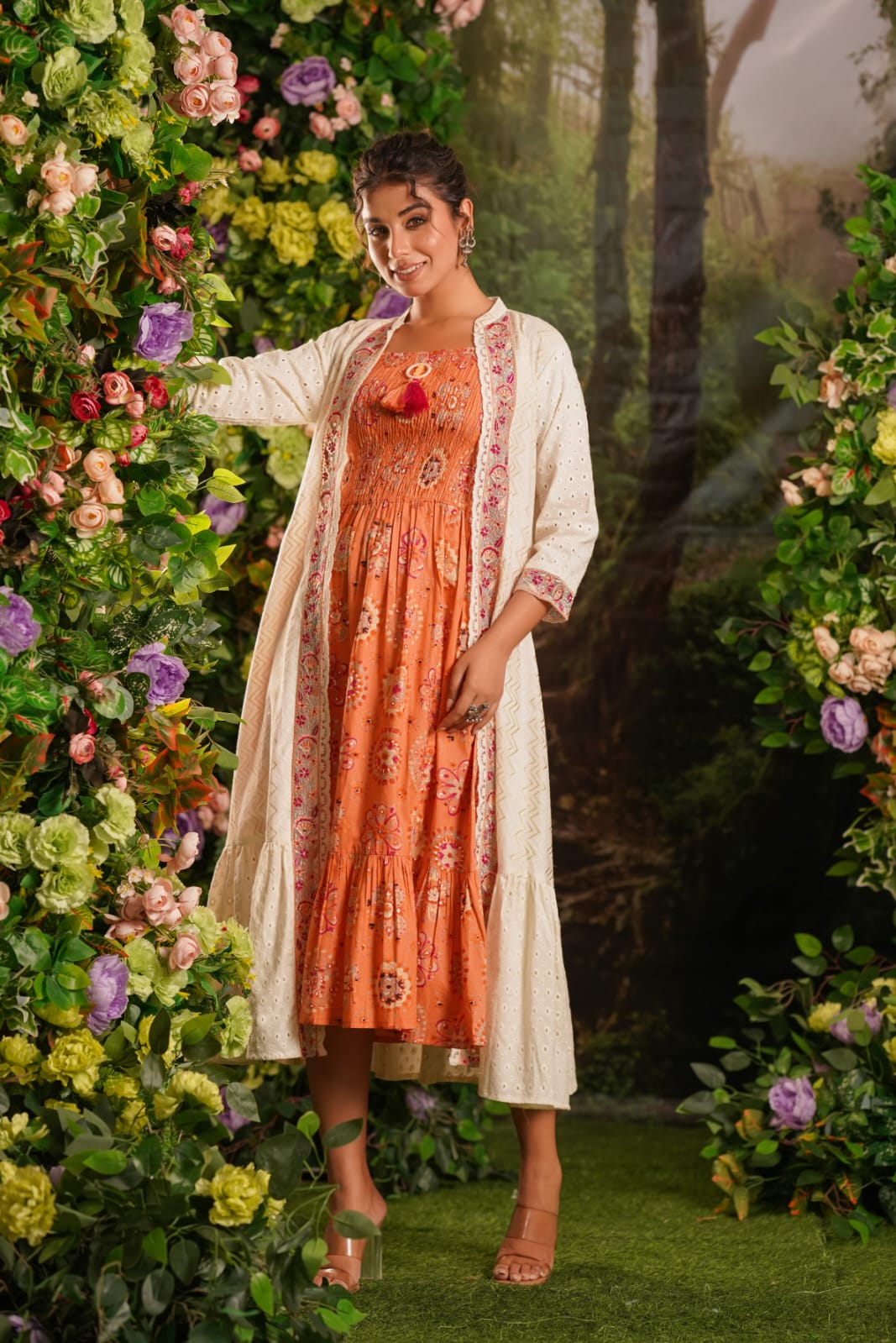 Premium rayon smocking effect dress paired with shifli jacket