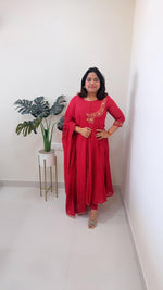 Premium mul cotton Anarkali with beautiful detailing in red