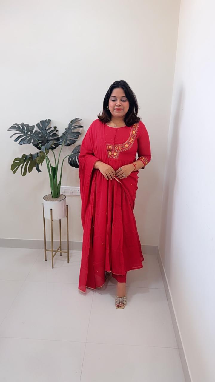 Premium mul cotton Anarkali with beautiful detailing in red