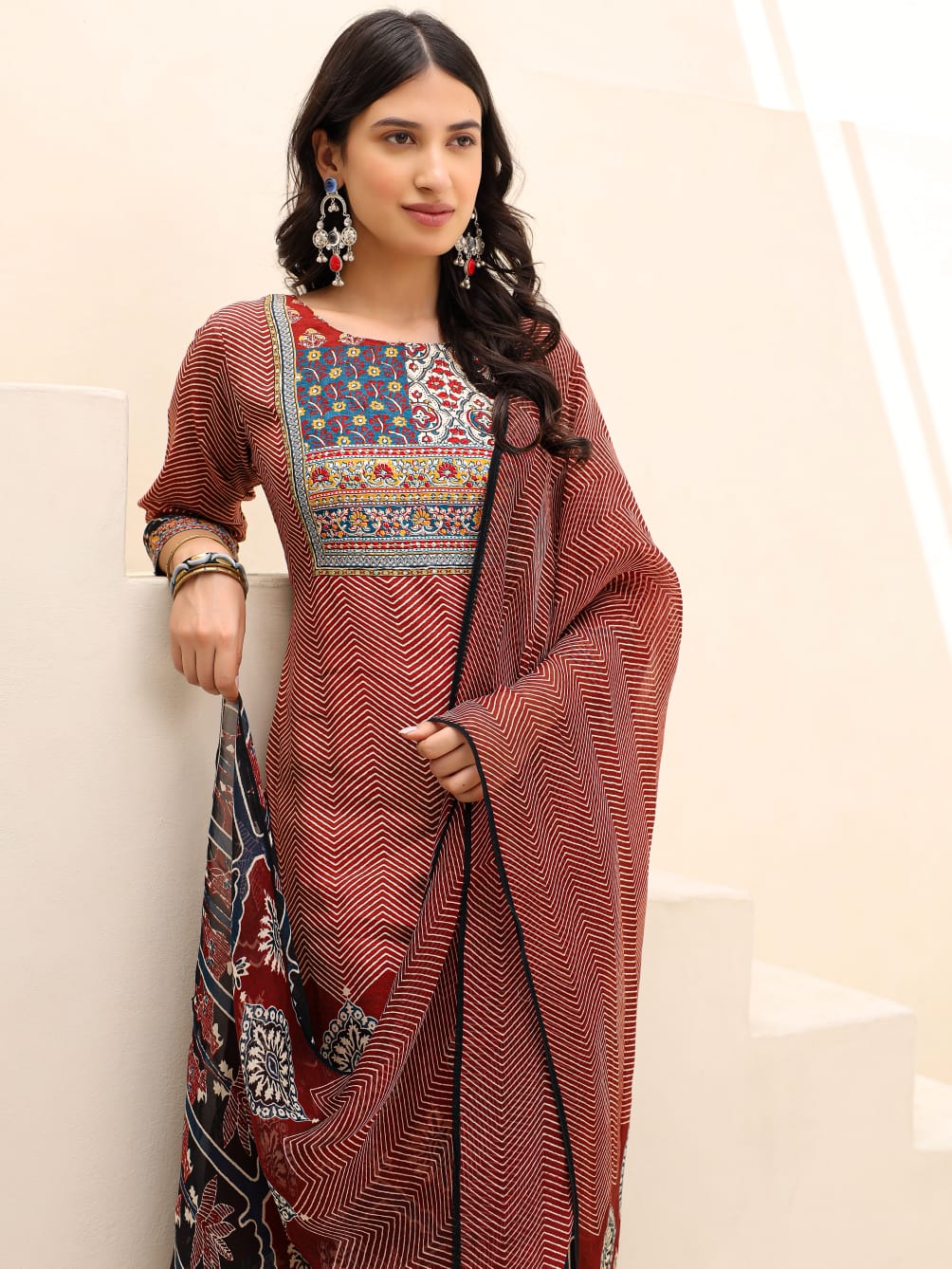 Premium muslin lining suit set ajrakh print