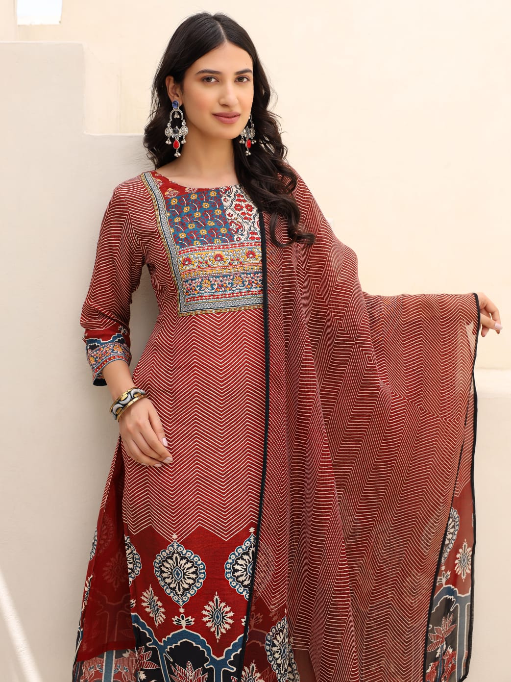 Premium muslin lining suit set ajrakh print