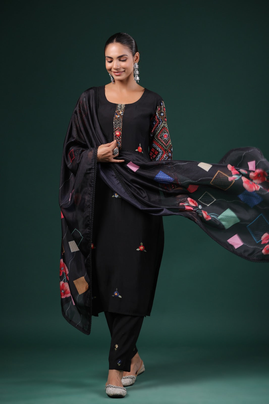 Super pretty muslin embroidered suit set paired with organza dupatta