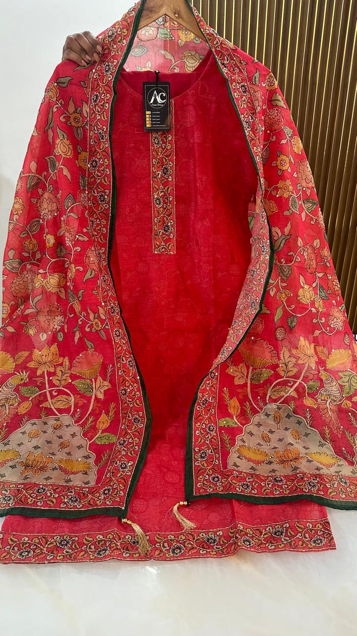 Soft chanderi silk fully embroidered dupatta suit set