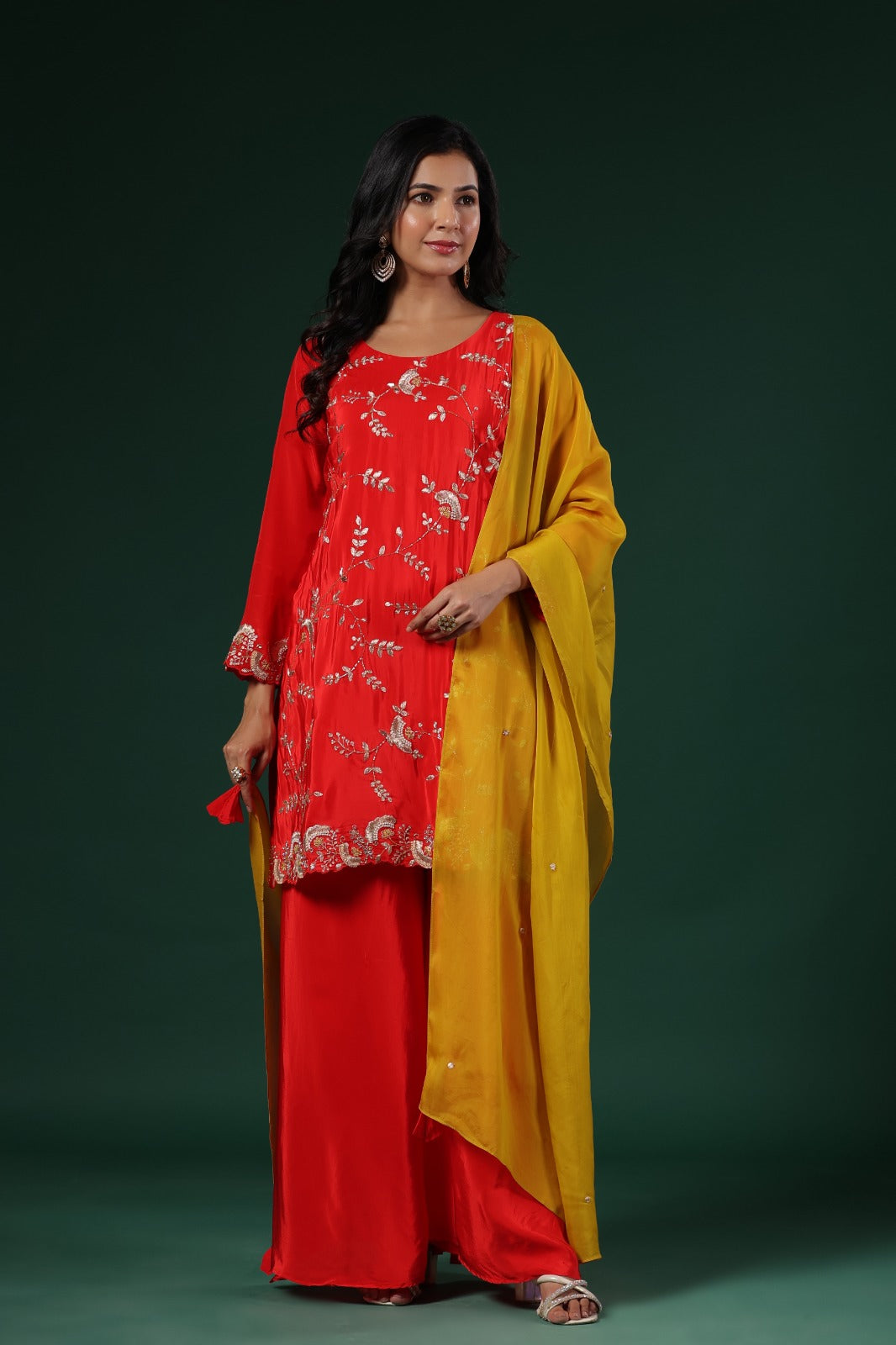 Pretty premium pure crepe hand work suit set