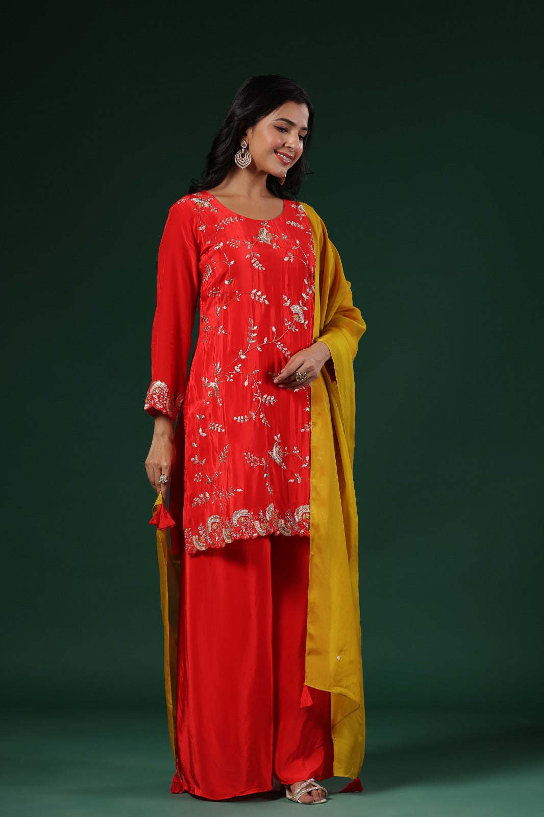 Pretty premium pure crepe hand work suit set