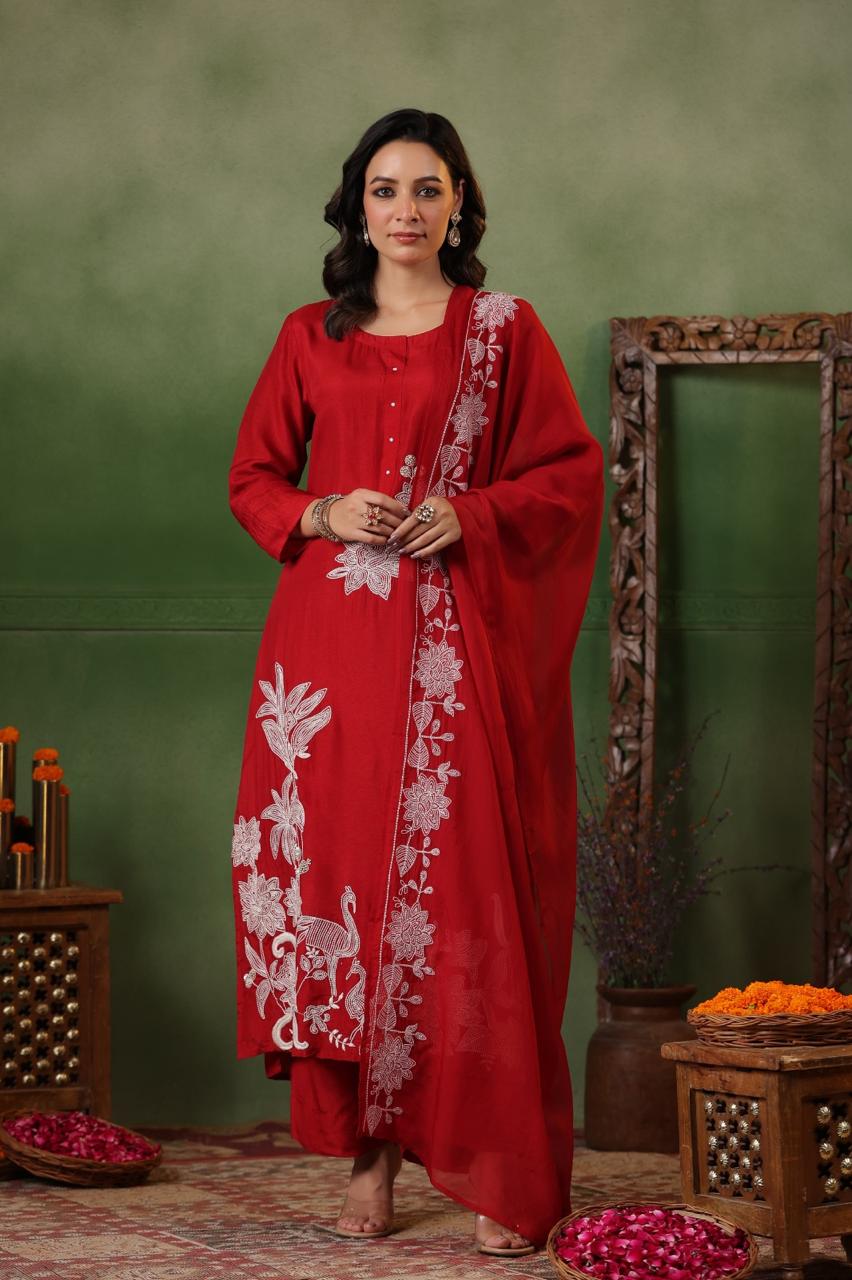 Pretty dola silk fully embroidered suit set
