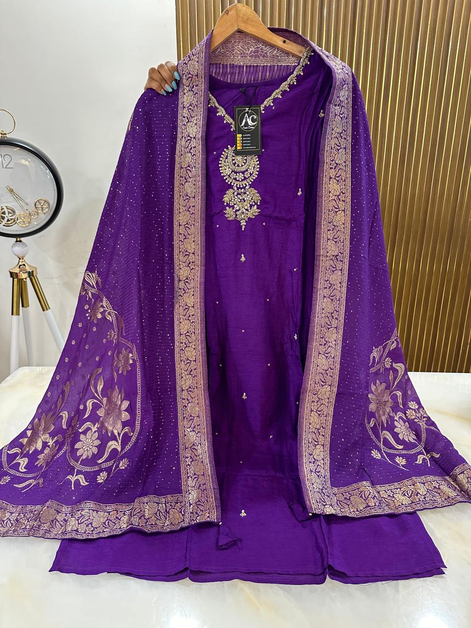 Heavy dola silk with heavy handwork and paired with brocade dupatta