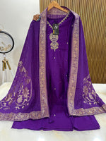 Heavy dola silk with heavy handwork and paired with brocade dupatta