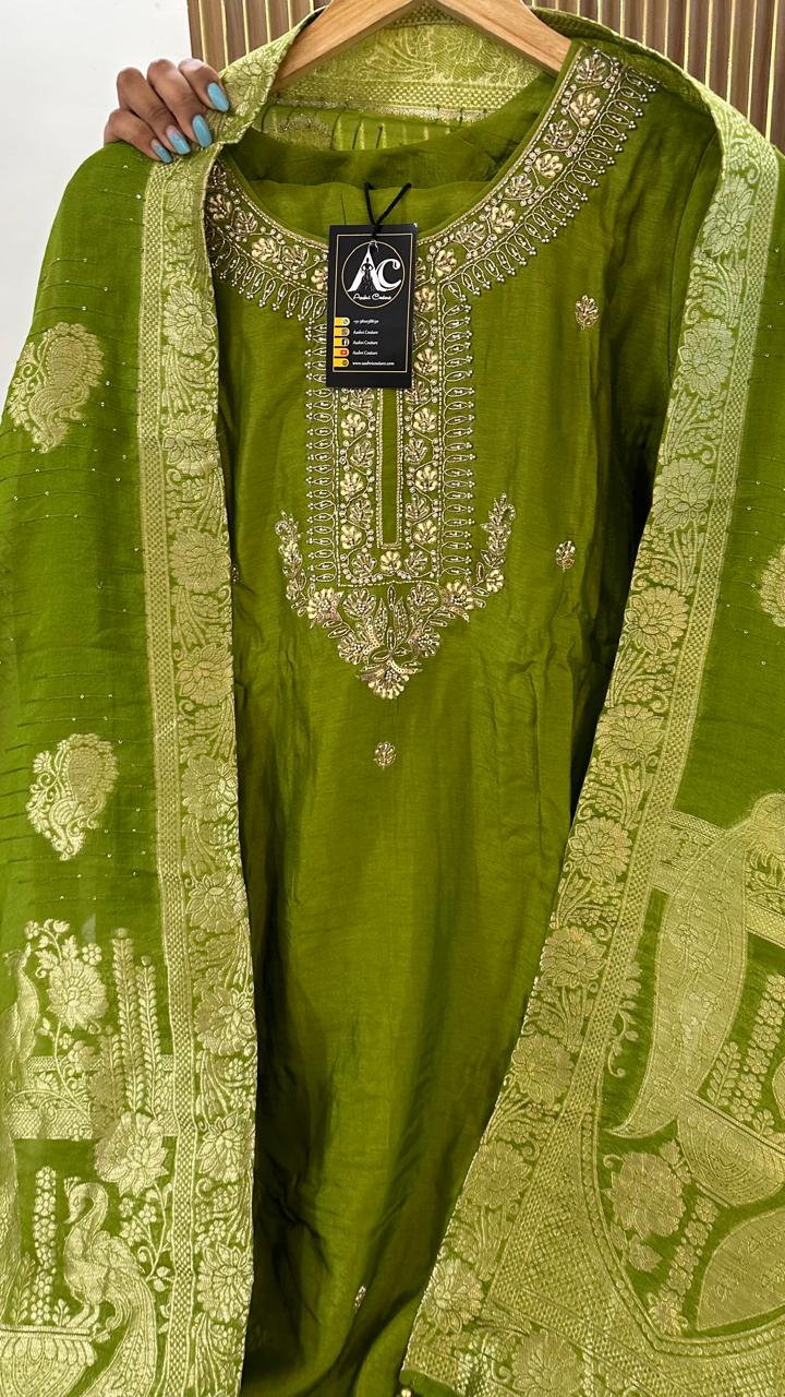 Heavy dola silk with heavy handwork and paired with brocade dupatta