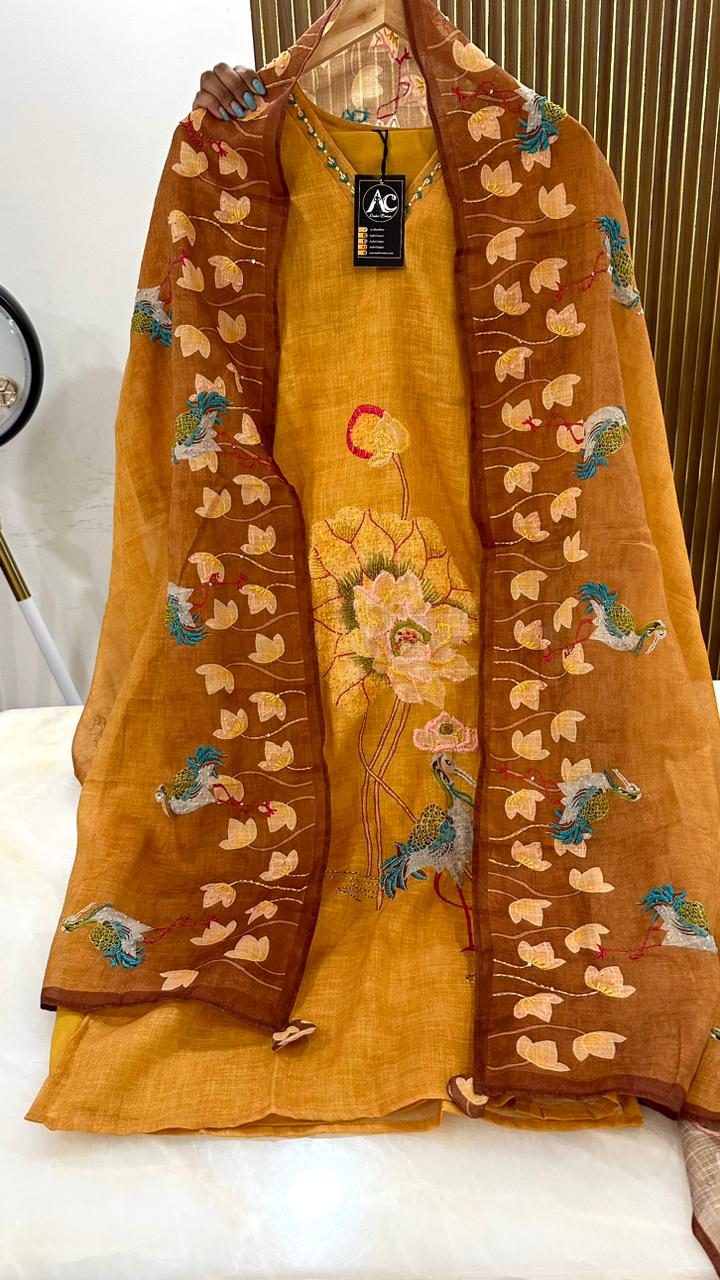 Linen cotton heavy embroidery suit set