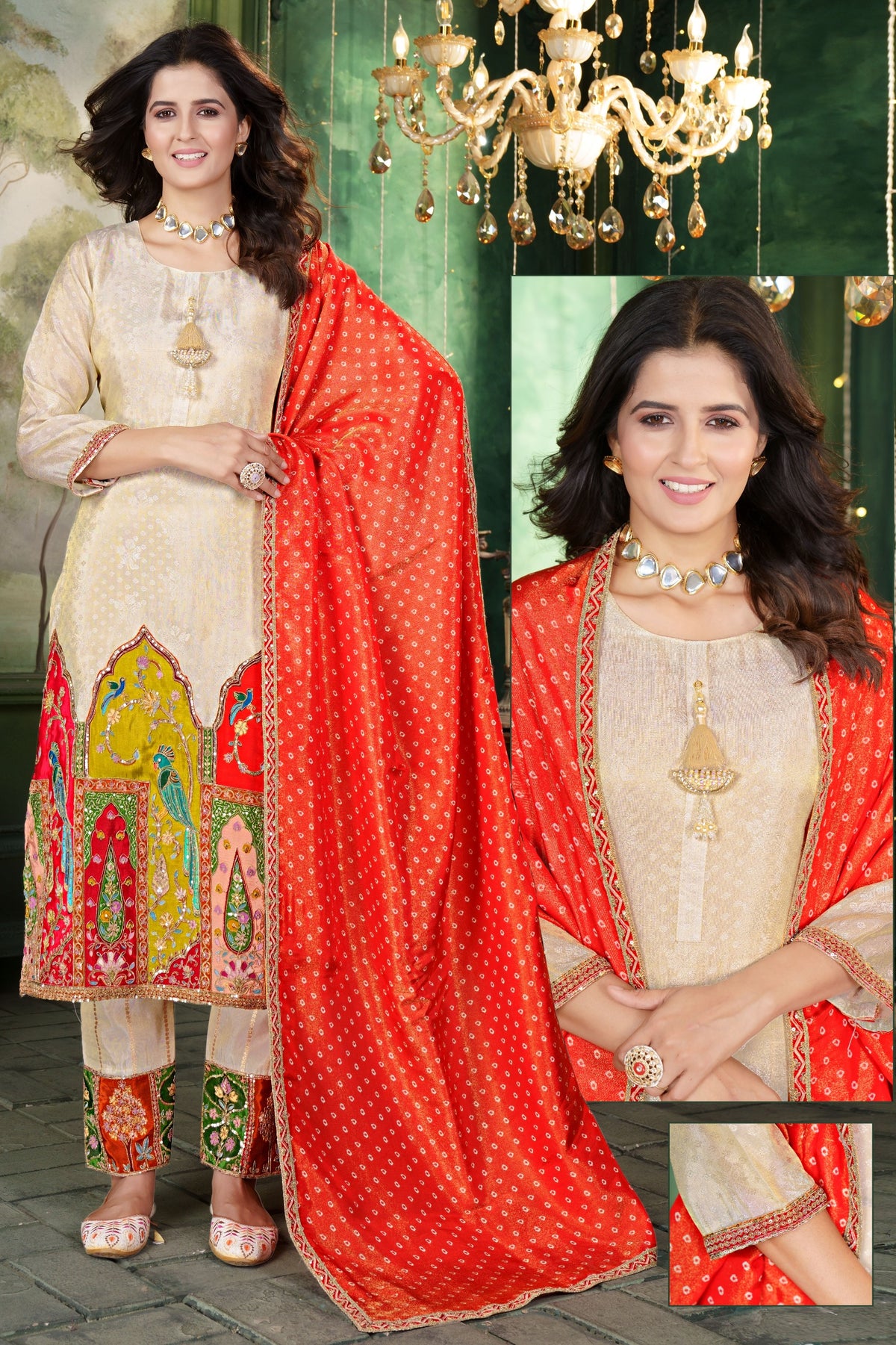 Premium tissue suit set with zari detailing and paired with orgenza dupatta