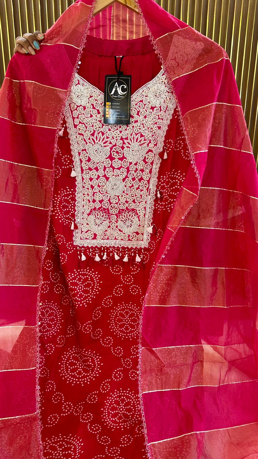 Premium dola silk with pretty handwork suit set