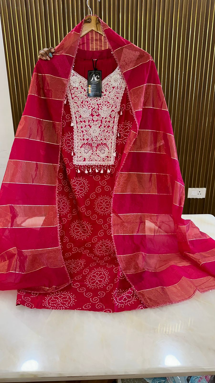 Premium dola silk with pretty handwork suit set