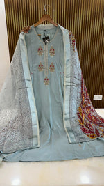 Pretty Russian silk paired with brasso dupatta