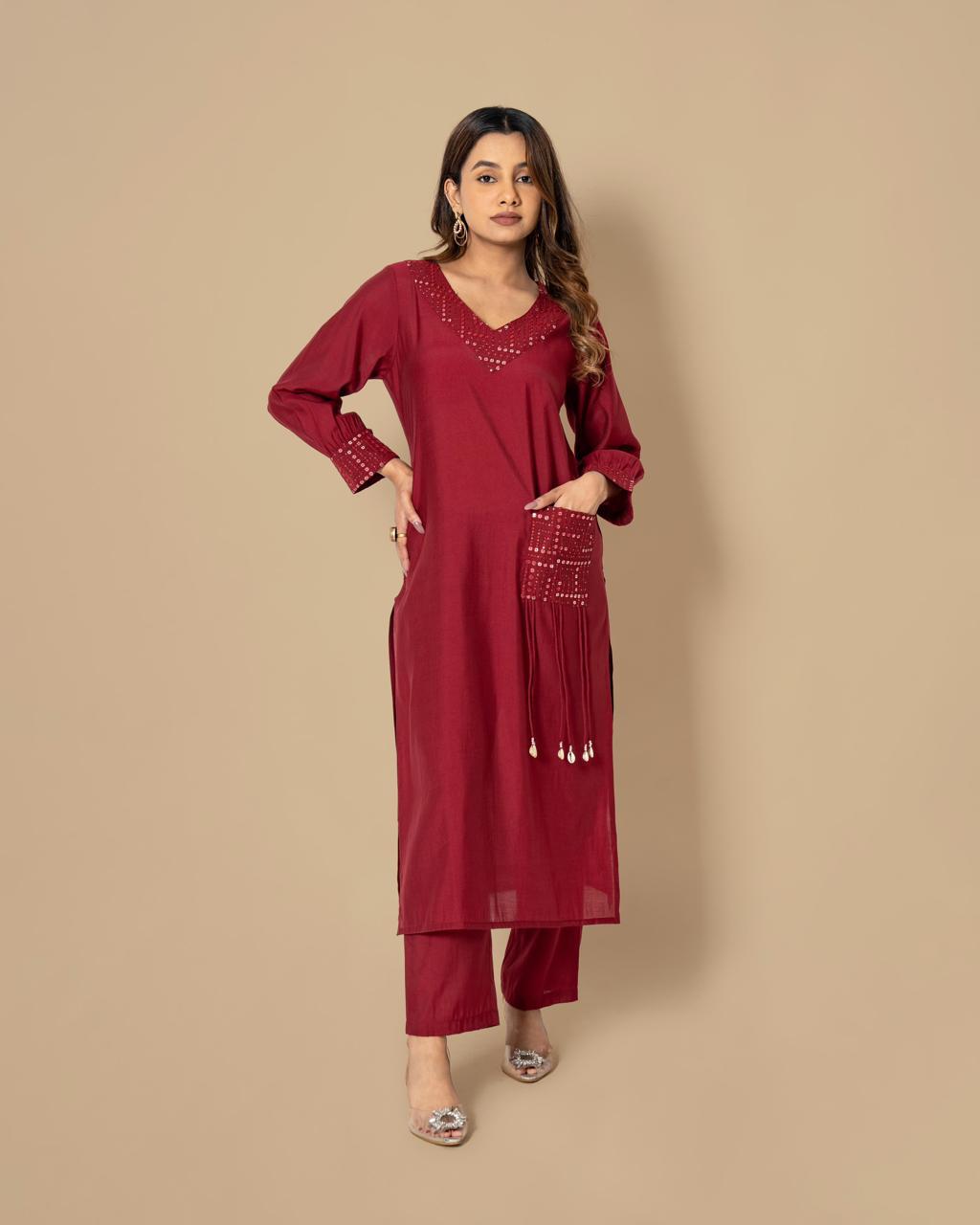 Festive muslin V neck mirror work embellished kurta pant in wine