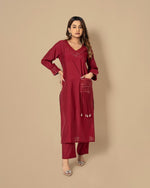 Festive muslin V neck mirror work embellished kurta pant in wine