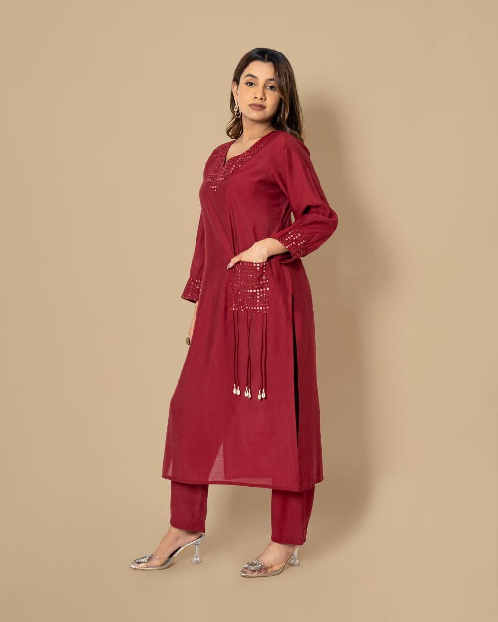 Festive muslin V neck mirror work embellished kurta pant in wine