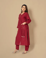 Festive muslin V neck mirror work embellished kurta pant in wine