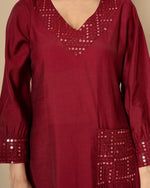 Festive muslin V neck mirror work embellished kurta pant in wine