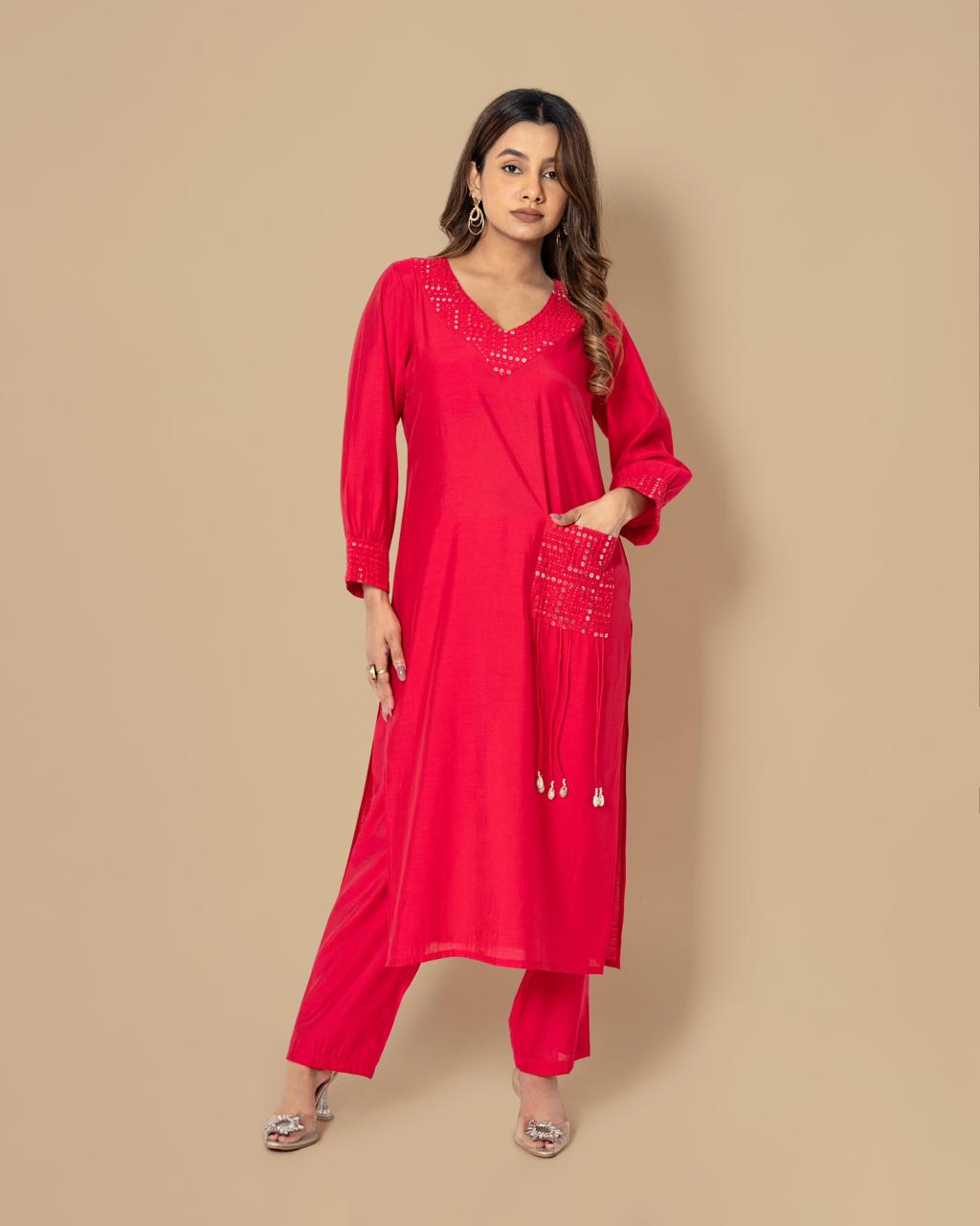 Festive muslin V neck mirror work embellished kurta pant