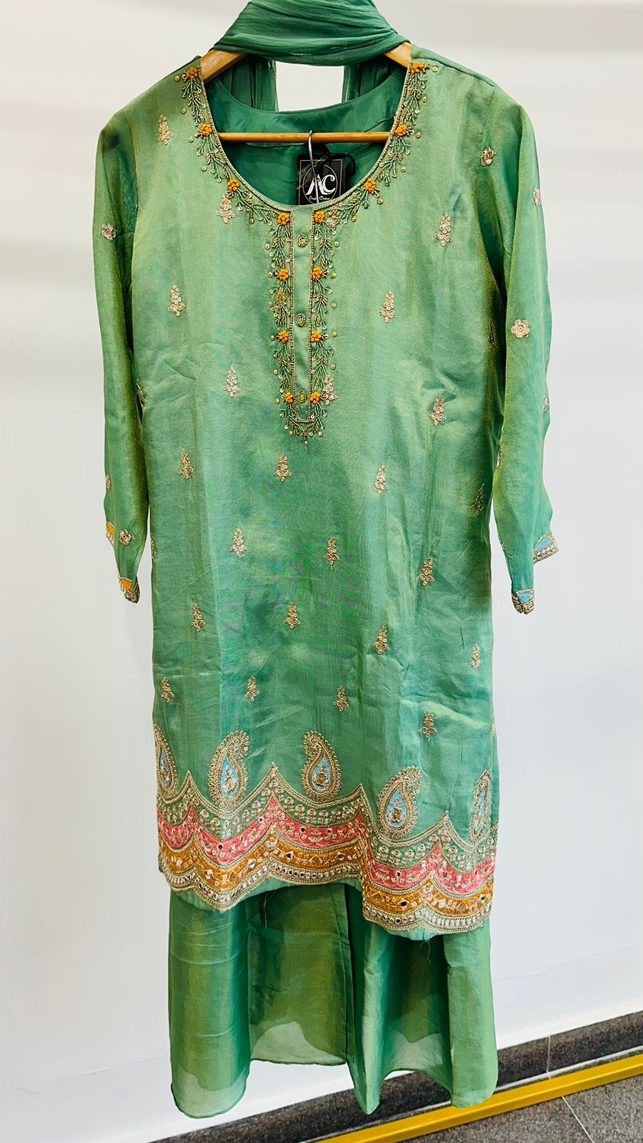 Shimmer tissue full Zari hand work suit set