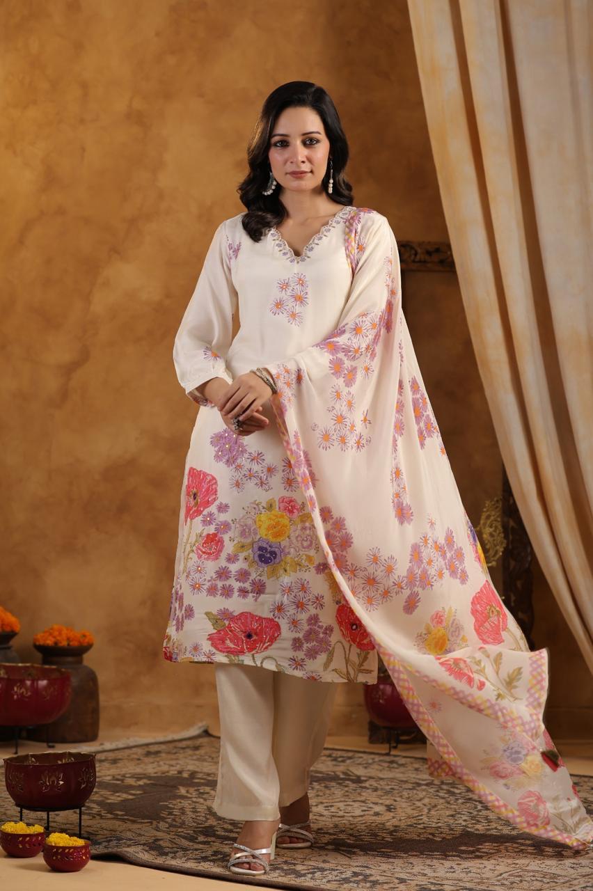 Gorgeous pure muslin silk hand work suit set