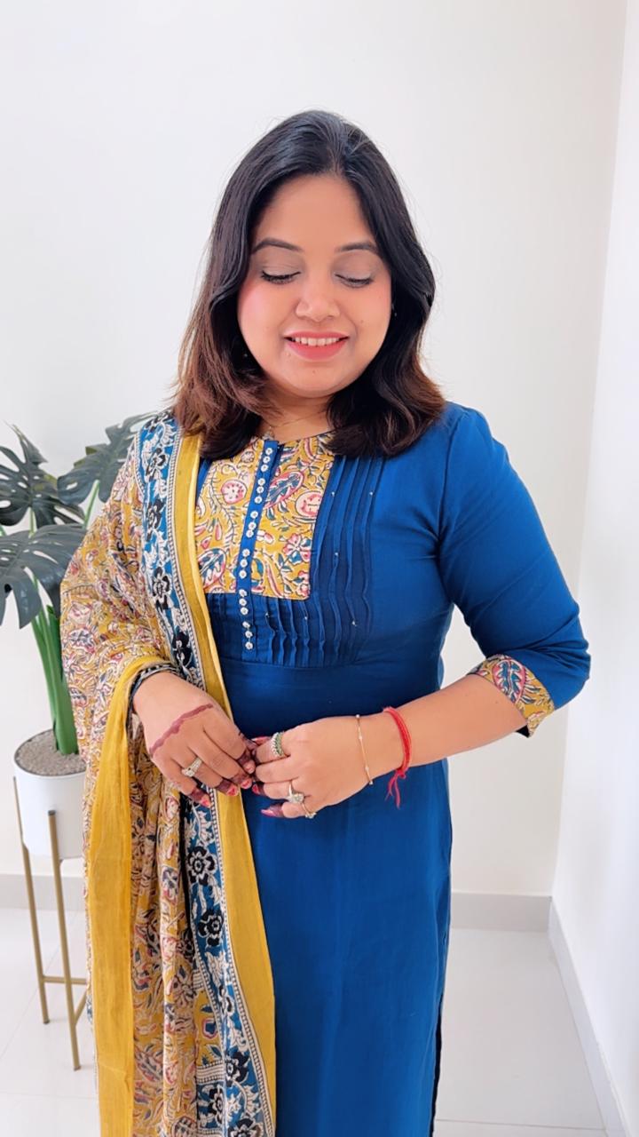 Pure cotton organic kalamkari suit set in blue