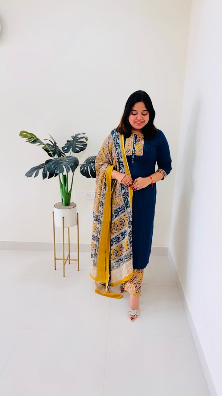 Pure cotton organic kalamkari suit set in blue