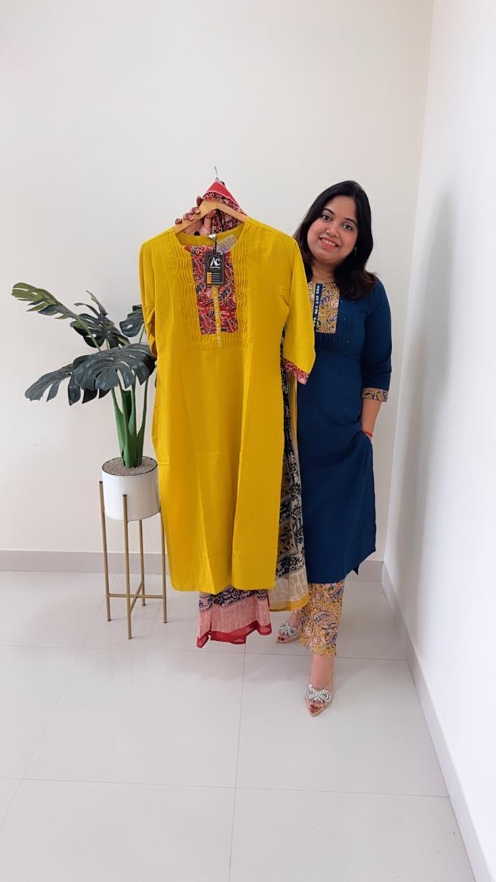 Pure cotton organic kalamkari suit set in yellow