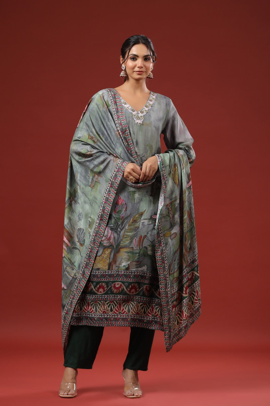 Premium dola silk V neck hand work suit set