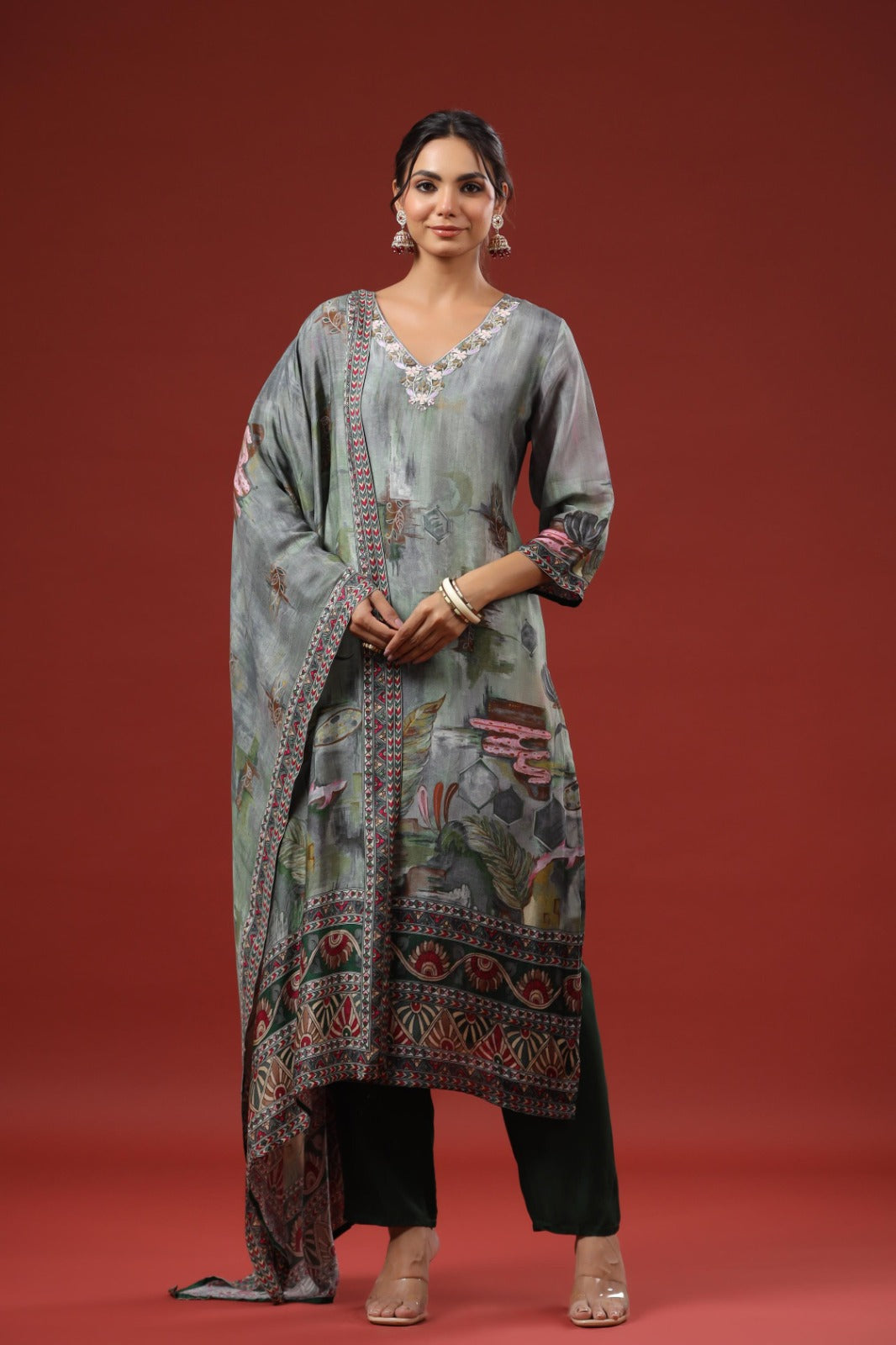 Premium dola silk V neck hand work suit set