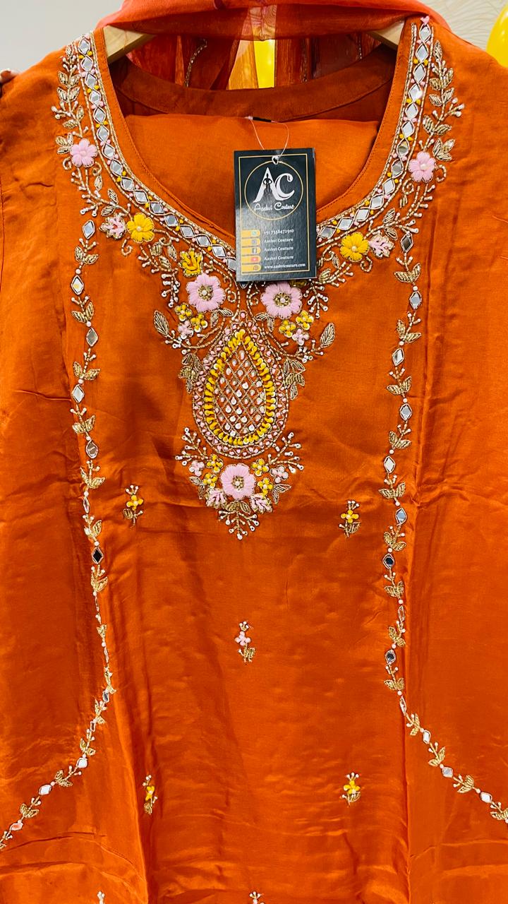 Pretty dola silk stylish embellished full suit comes with bell sleeves