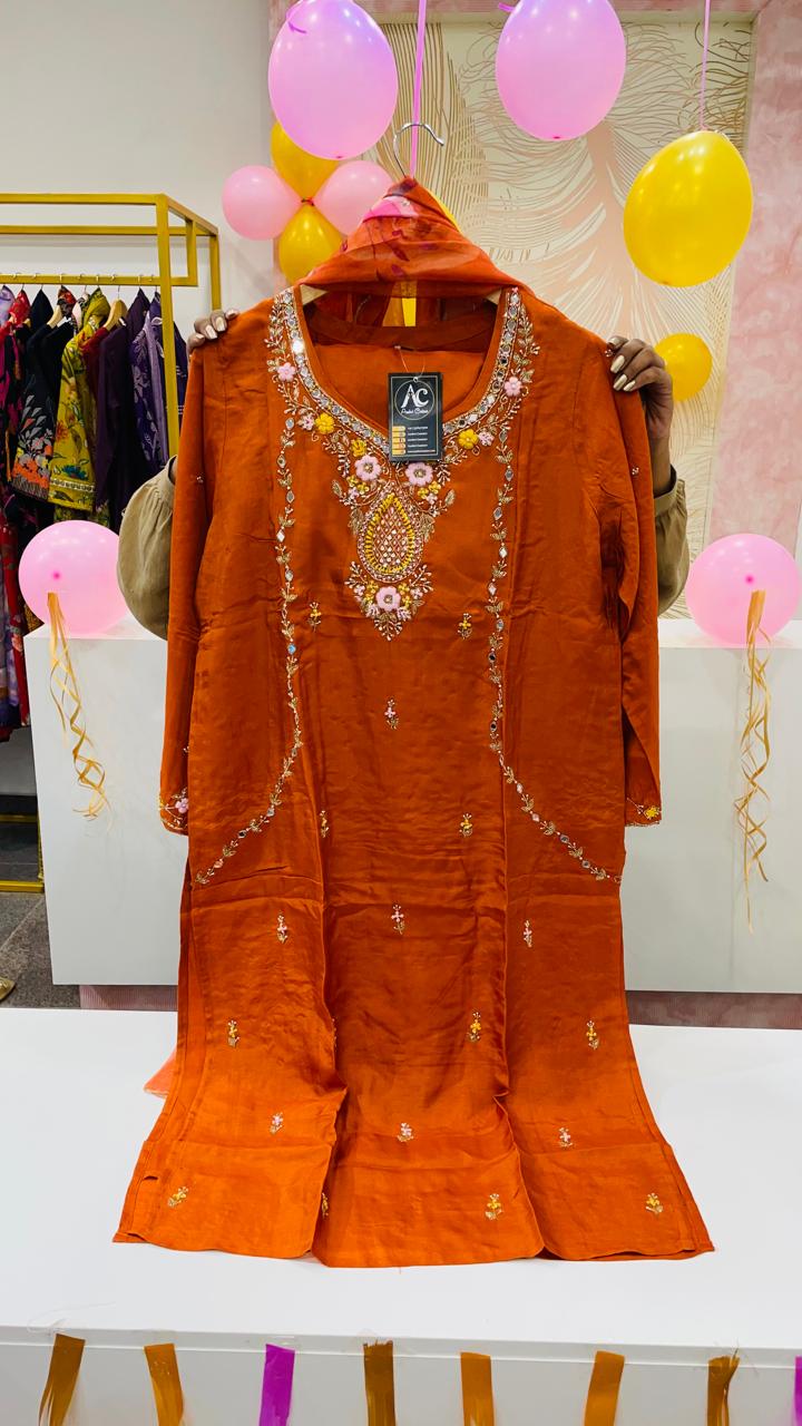 Pretty dola silk stylish embellished full suit comes with bell sleeves
