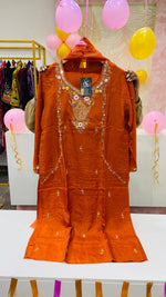Pretty dola silk stylish embellished full suit comes with bell sleeves