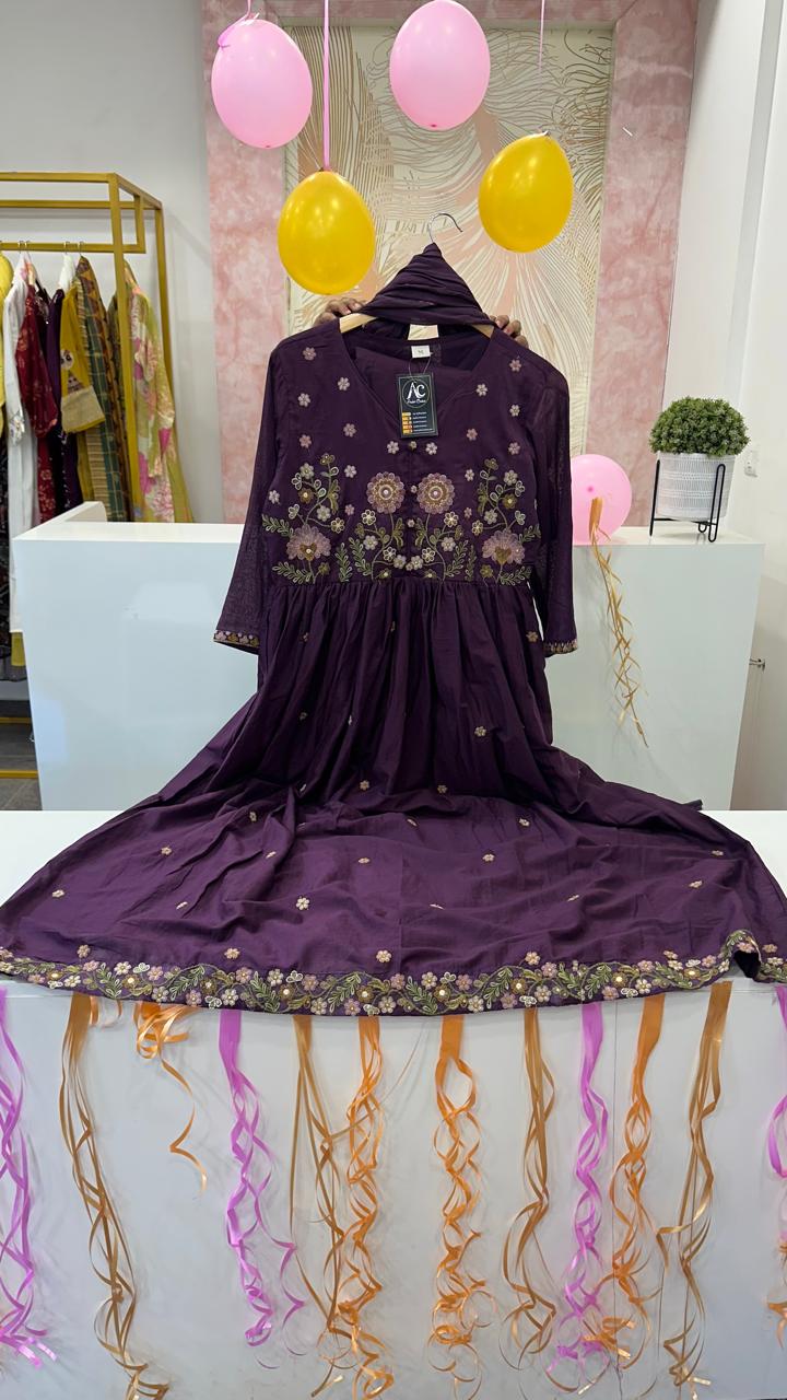 Pure mul cotton Anarkali embroidered suit set