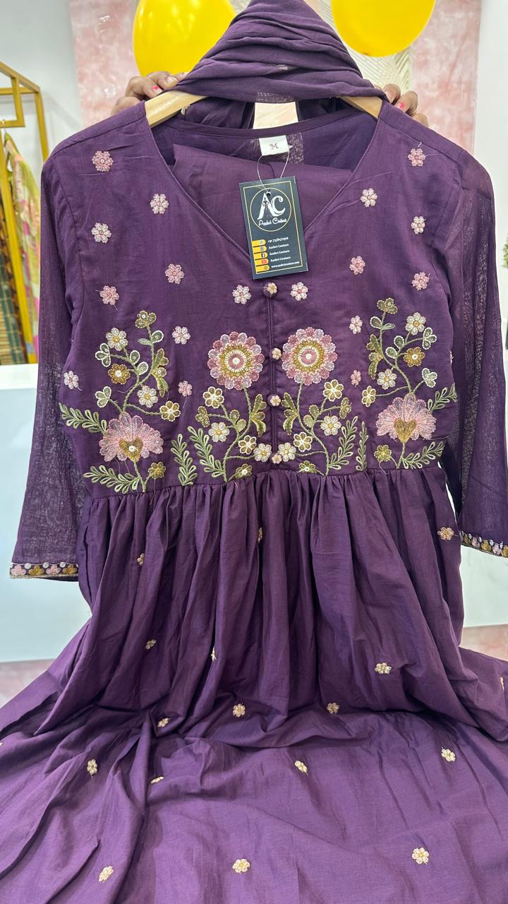 Pure mul cotton Anarkali embroidered suit set
