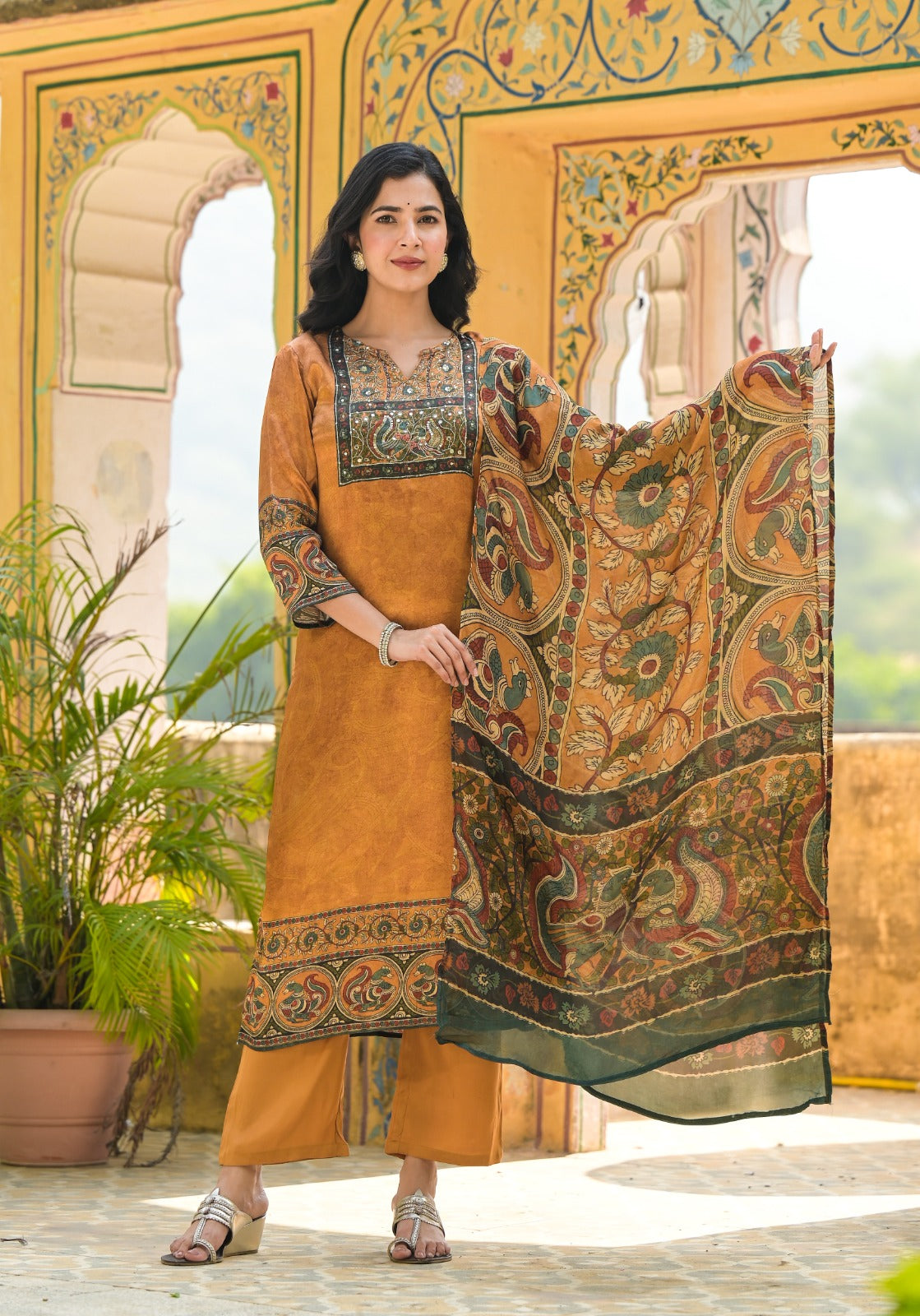 Premium gaji silk kalamkari suit set