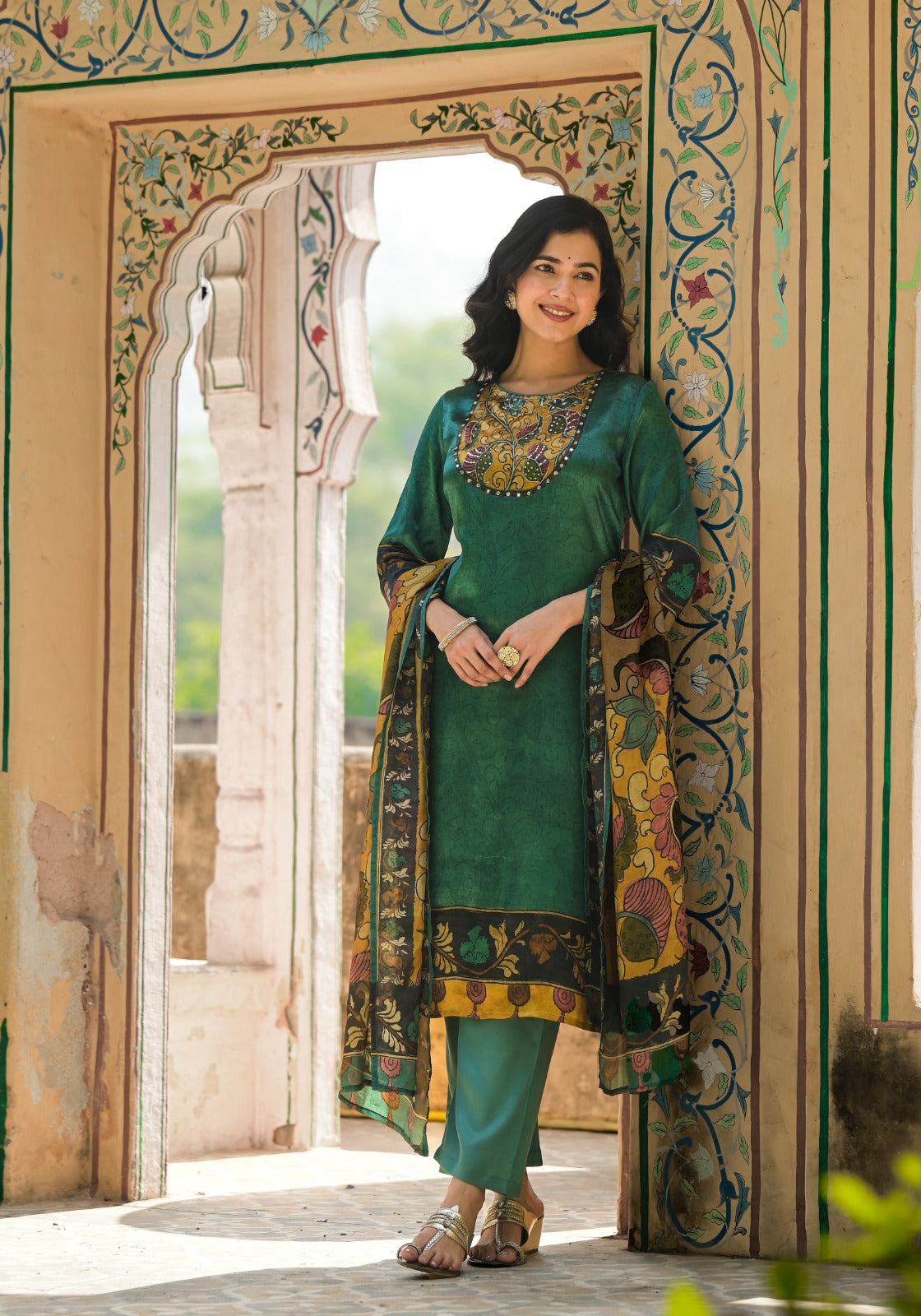 Premium gaji silk kalamkari suit set
