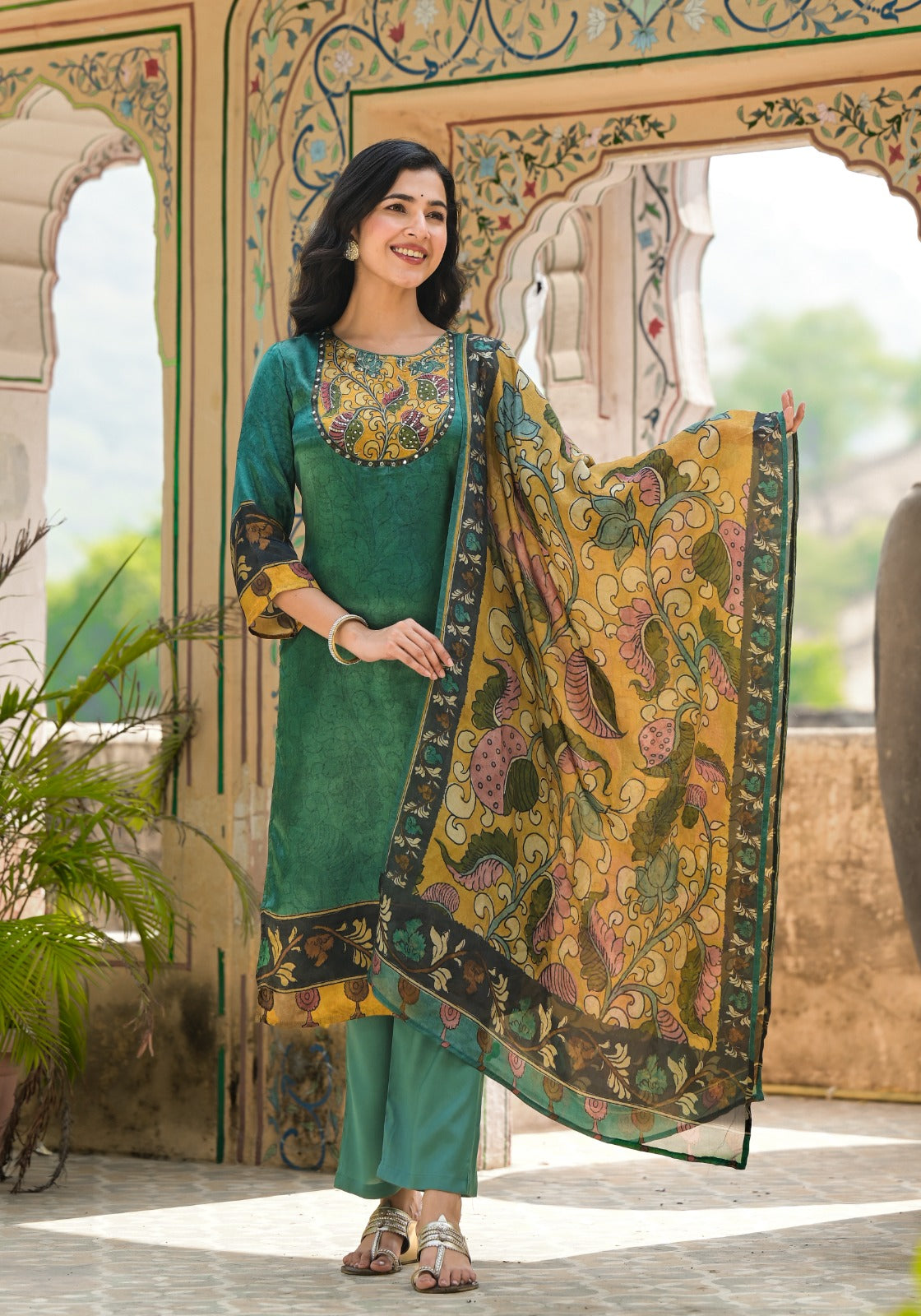 Premium gaji silk kalamkari suit set