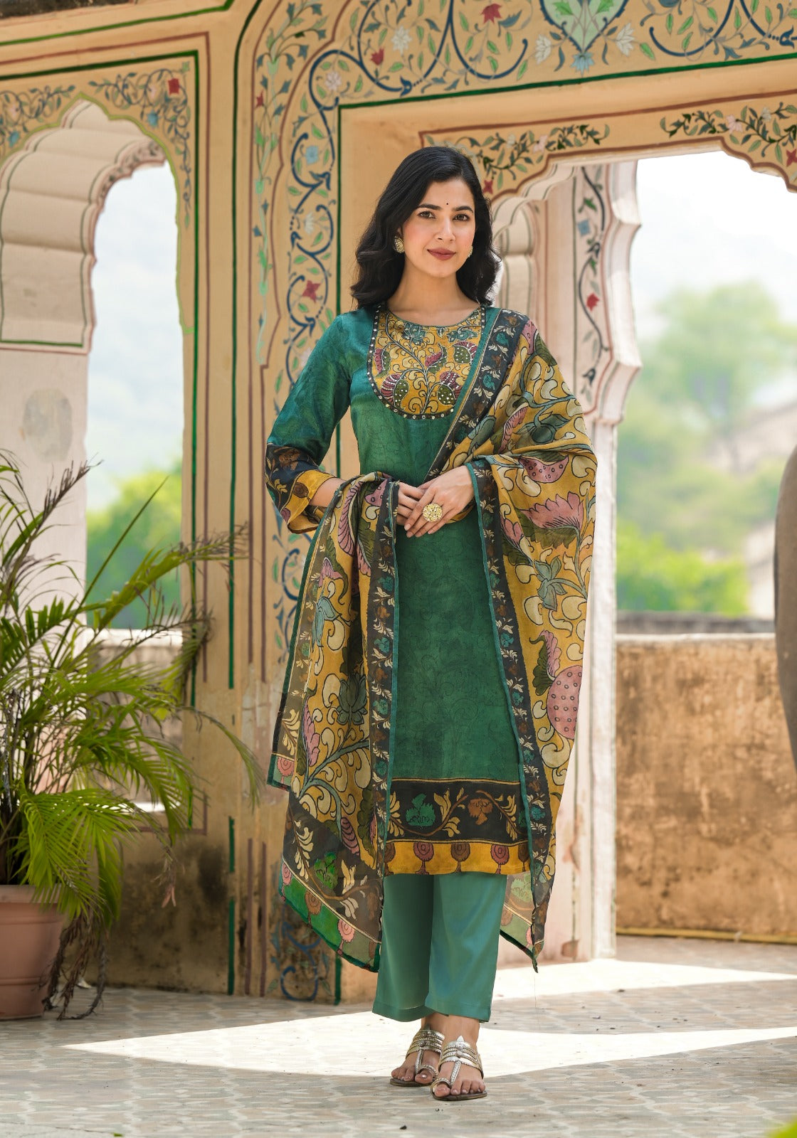 Premium gaji silk kalamkari suit set