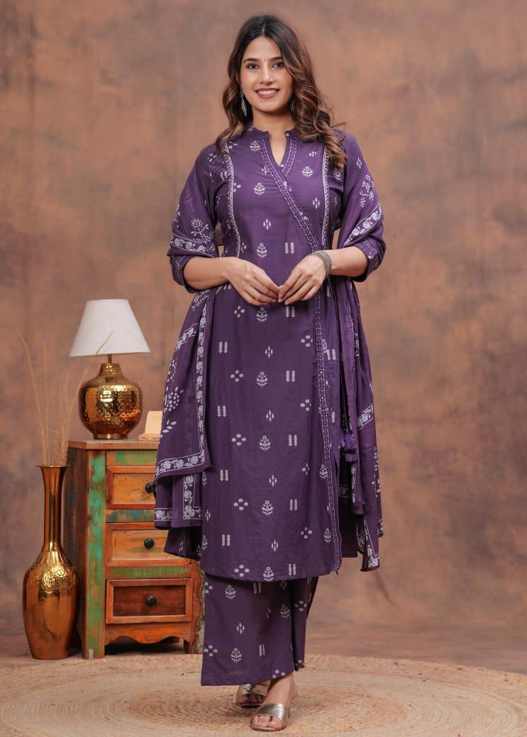 Pretty purple angrakha cotton suit set