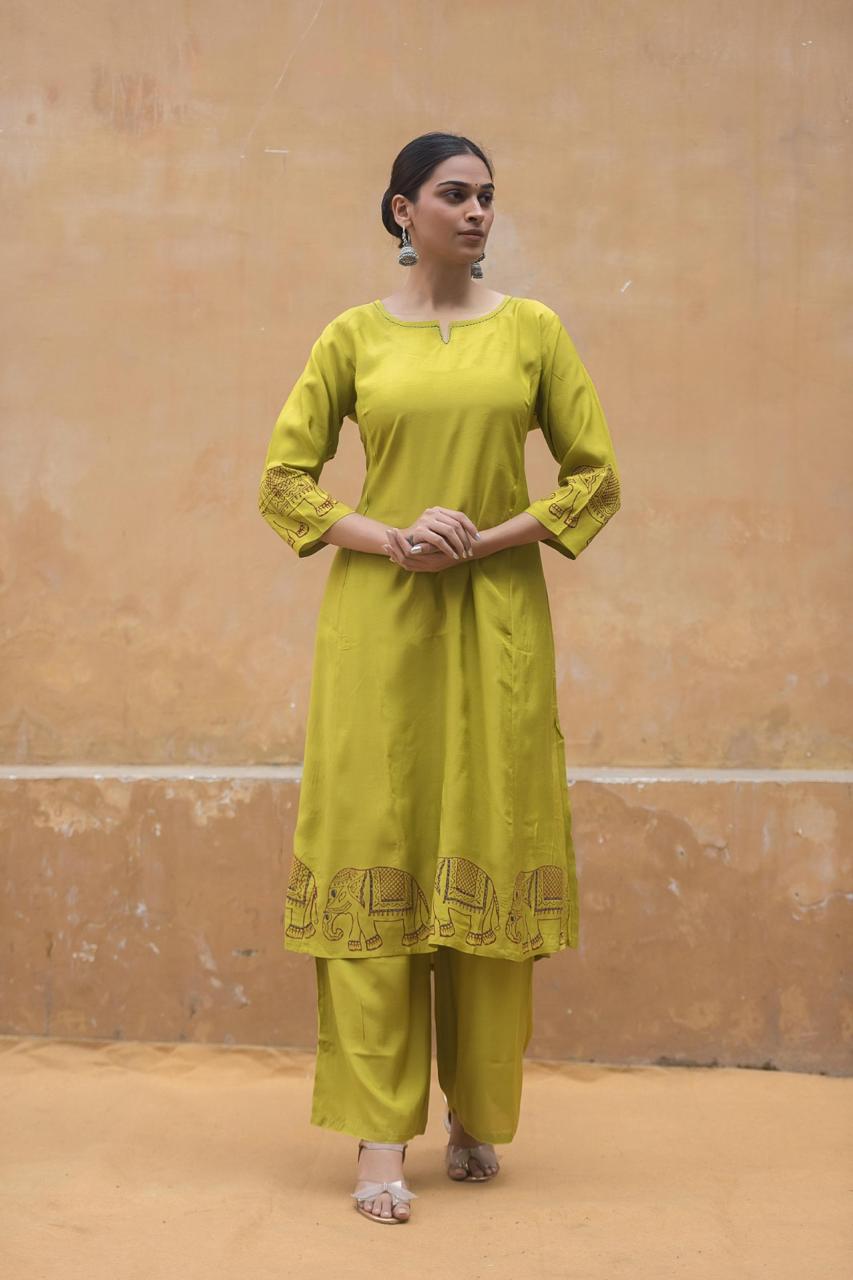 Butter muslin silk kurta pant in green