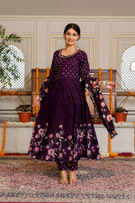 Premium digital printed cotton Anarkali suit in wine