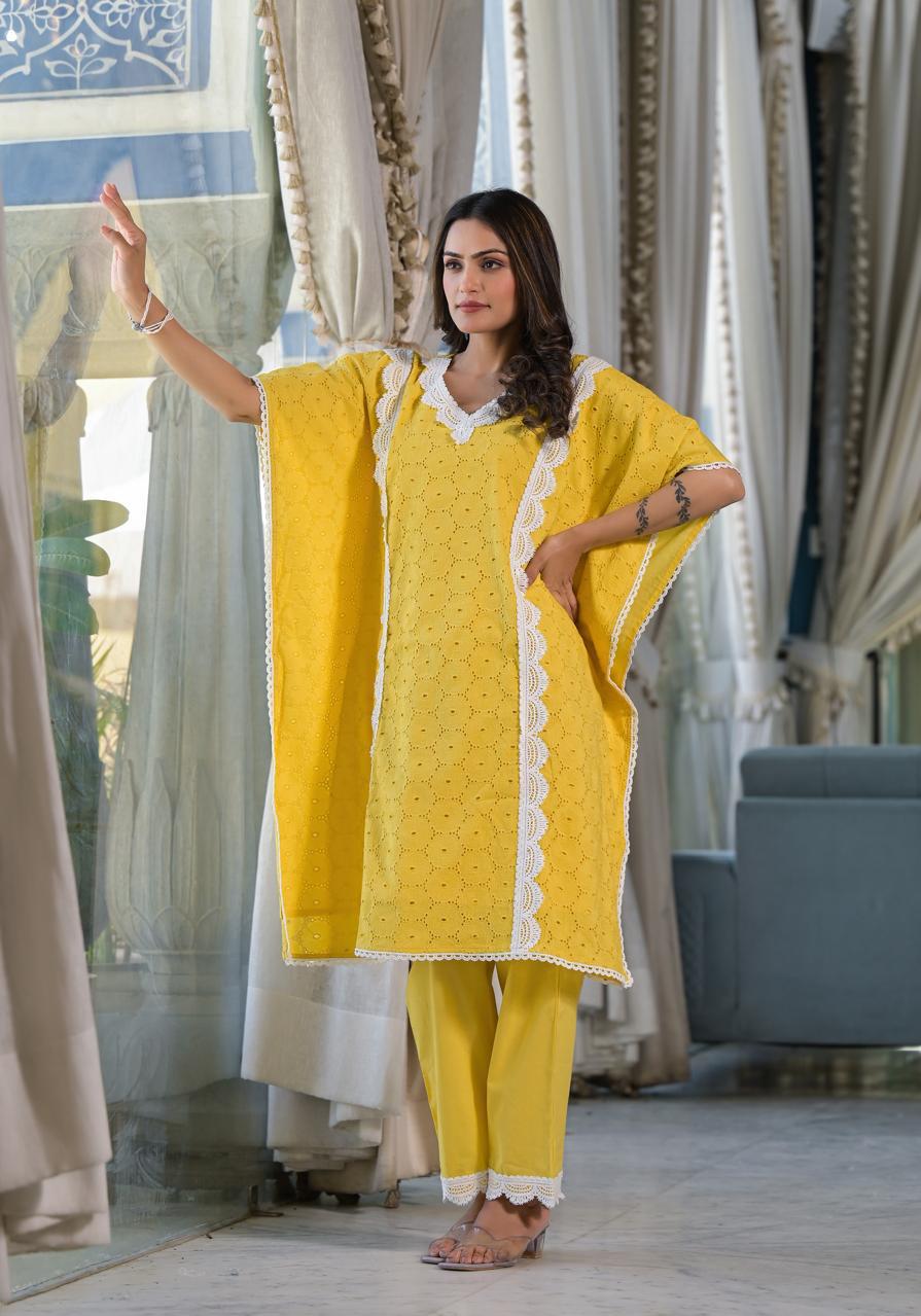 Premium cotton shifli kaftan set with lining and lace detailing