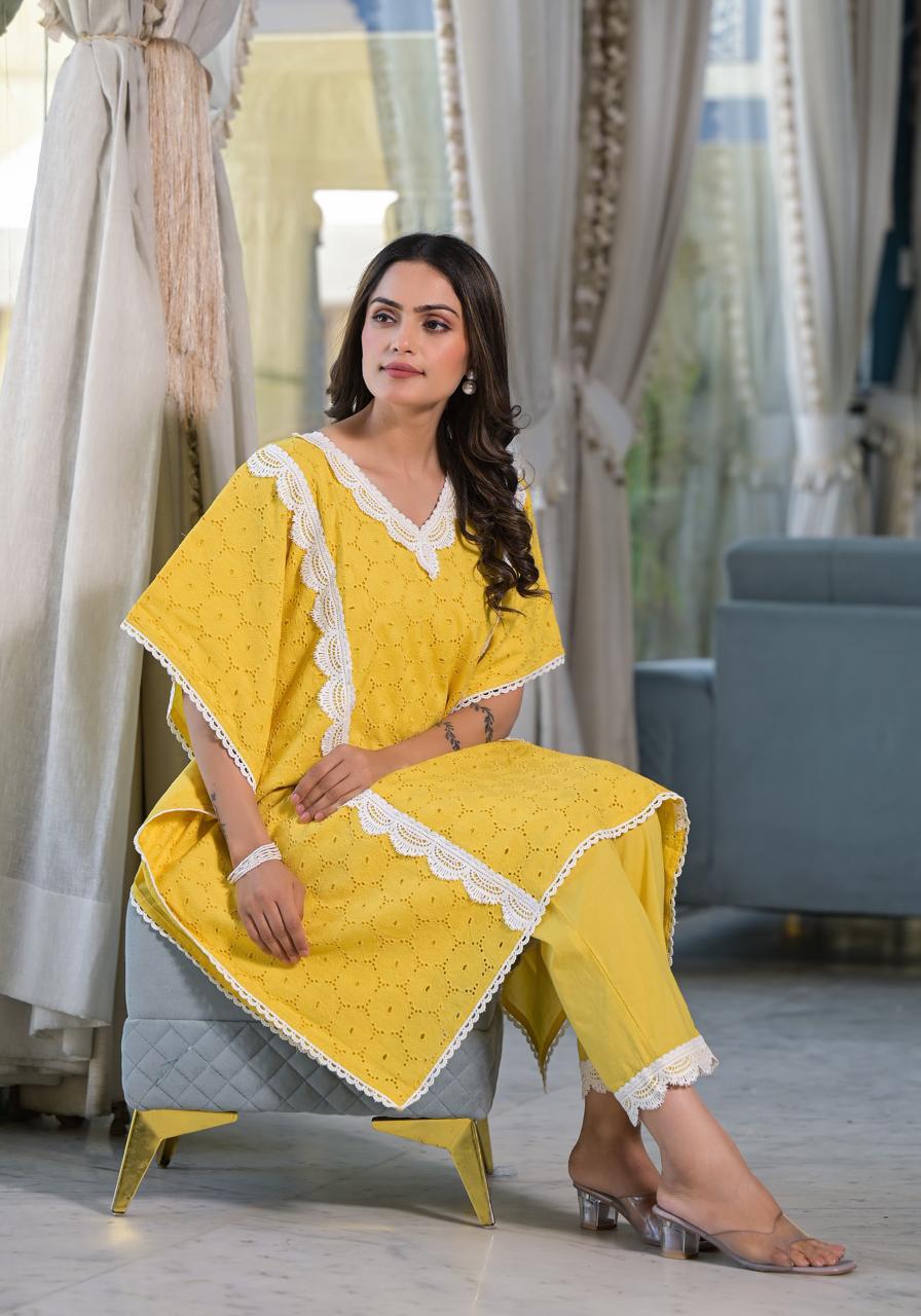 Premium cotton shifli kaftan set with lining and lace detailing