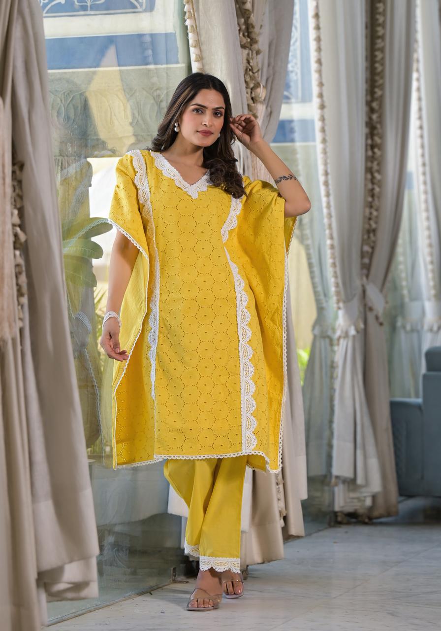 Premium cotton shifli kaftan set with lining and lace detailing